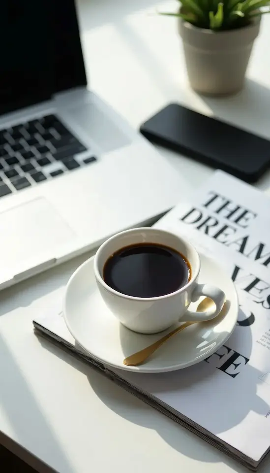 kop koffie bij laptop staat op blad over een droom hebben